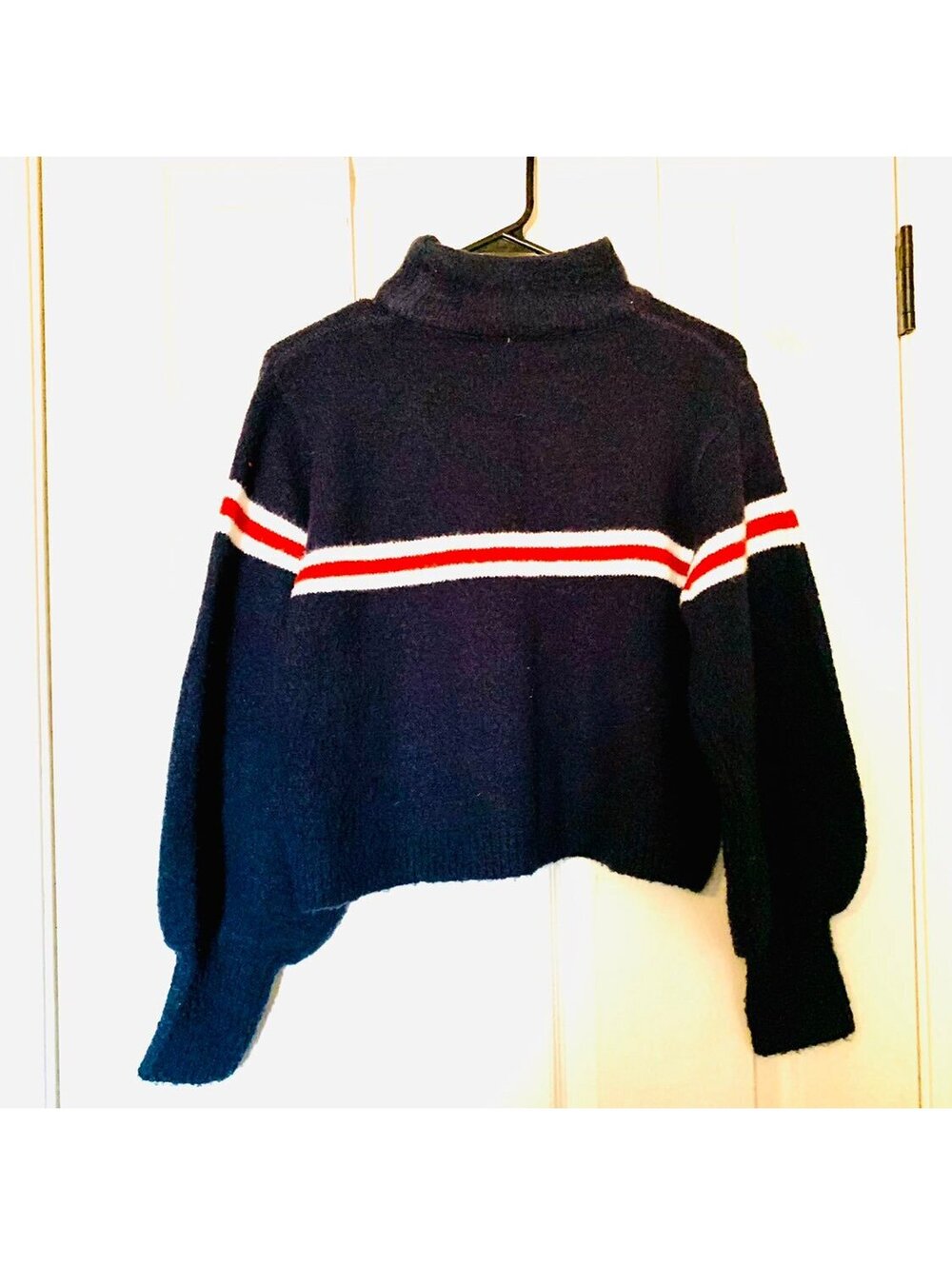Mango W2K Basics Navy Blue Turtleneck Sweater Red and White Stripes, Size XS - Picture 2 of 7
